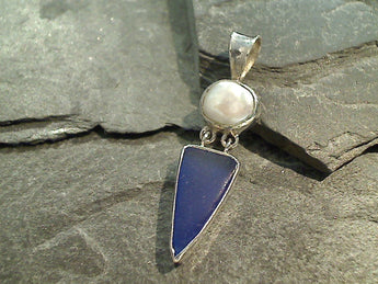 Sea Glass, Pearl, Sterling Silver Pendant