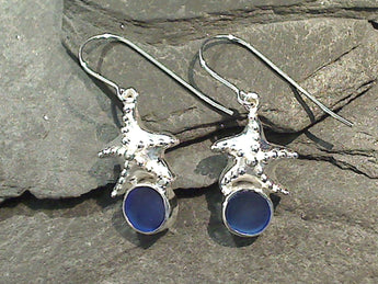 Sea Glass, Sterling Silver Starfish Earrings