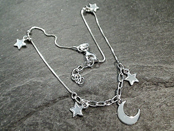 9" - 10" Sterling Silver Moon And Stars Anklet