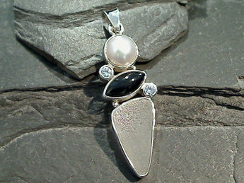 Sea Glass, Onyx, Pearl, CZ, Sterling Silver Pendant