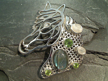 Peridot, Labradorite, Moonstone, Sterling Silver Extra Large Horse Head Pendant