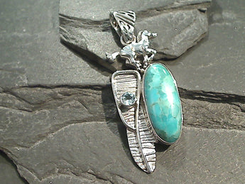 Turquoise, Blue Topaz, Sterling Silver Horse Pendant