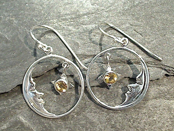 Citrine, Sterling Silver Moon And Star Earrings