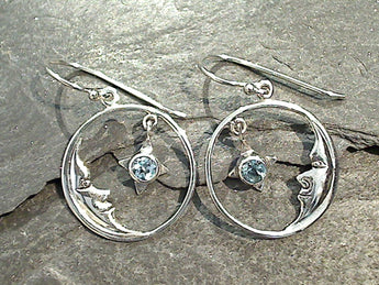 Blue Topaz, Sterling Silver Moon And Star Earrings