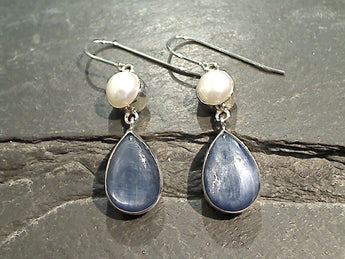 Kyanite, Pearl, Sterling Silver Earrings