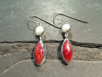 Sponge Coral, Pearl, Sterling Silver Earrings