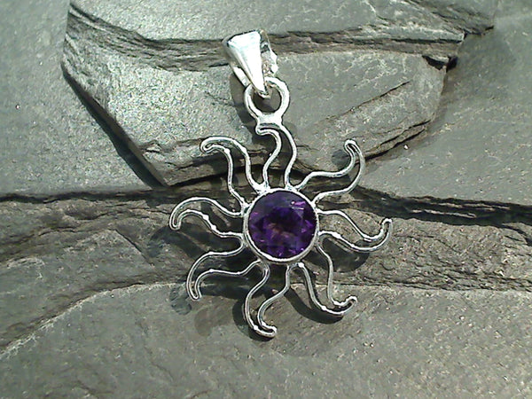 Amethyst Sun Pendant, Fine Sterling Silver