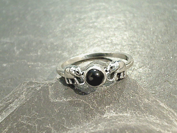 Size 7 Black Onyx, Sterling Silver Elephants Ring