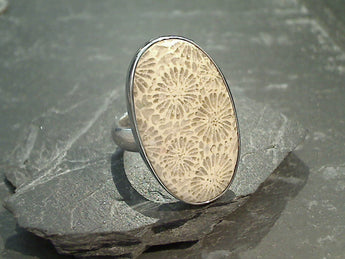 Adjustable Size Fossil Coral, Fine Sterling Silver Ring