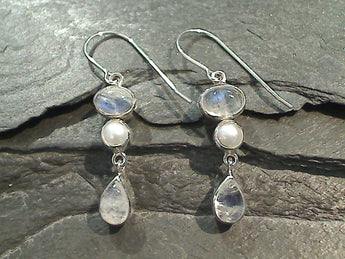 Moonstone, Pearl, Sterling Silver Earrings