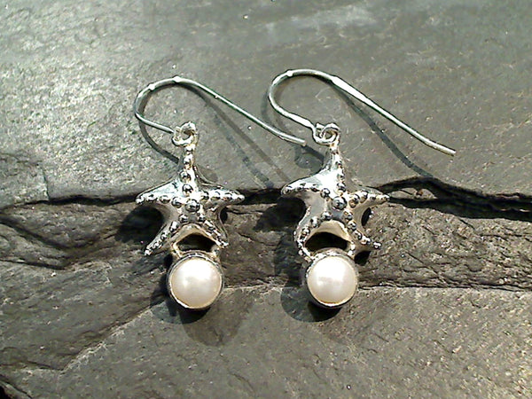 Pearl, Sterling Silver Starfish Earrings