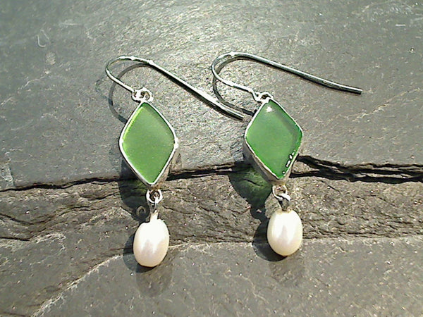 Sea Glass, Pearl, Sterling Silver Earrings