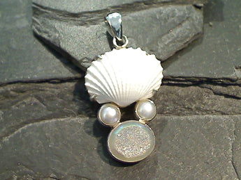 Ark Shell, Pearl, Druzy, Sterling Silver Pendant