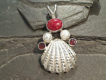 Sponge Coral, Pearl, Garnet, Sterling Silver Pendant