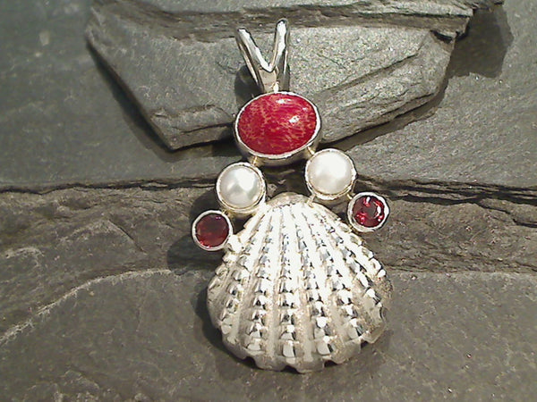 Sponge Coral, Pearl, Garnet, Sterling Silver Pendant