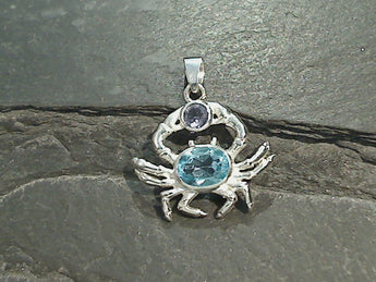 Blue Topaz, Iolite, Sterling Silver Small Crab Pendant