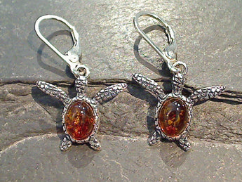 Amber, Sterling Silver Sea Turtle Earrings