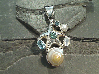 Sea Shell, Multi Gemstones, Sterling Silver Starfish Pendant