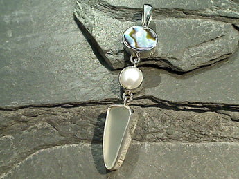 Sea Glass, Abalone, Pearl, Sterling Silver Pendant