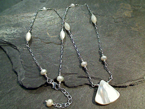 15.5" - 16.5" Pearl, Mother of Pearl, Sterling Silver Necklace