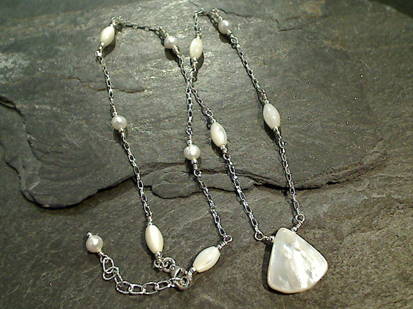 16.5" - 17.5" Pearl, Mother of Pearl, Sterling Silver Necklace