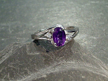 Size 7.25 Amethyst, CZ, Rhodium Plated Sterling Silver Ring