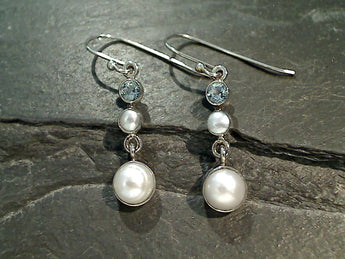 Pearl, Blue Topaz, Sterling Silver Earrings