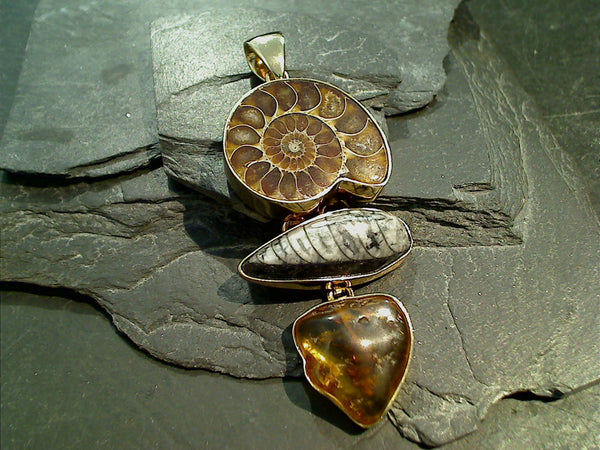 Fossil Ammonite, Orthoceras, Amber, Alchemia Extra Large Pendant