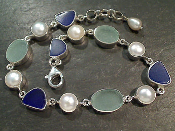 7.75" - 8.25" Sea Glass, Pearl, Sterling Silver Bracelet