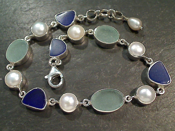 7.75" - 8.25" Sea Glass, Pearl, Sterling Silver Bracelet