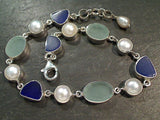 7.75" - 8.25" Sea Glass, Pearl, Sterling Silver Bracelet