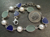 7.75" - 8.25" Sea Glass, Pearl, Sterling Silver Bracelet