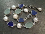 7.75" - 8.25" Sea Glass, Pearl, Sterling Silver Bracelet