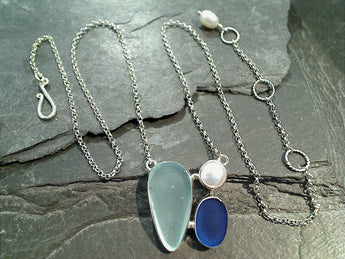 16" - 18" Sea Glass, Pearl, Sterling Silver Necklace