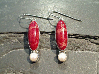 Sponge Coral, Pearl, Sterling Silver Earrings