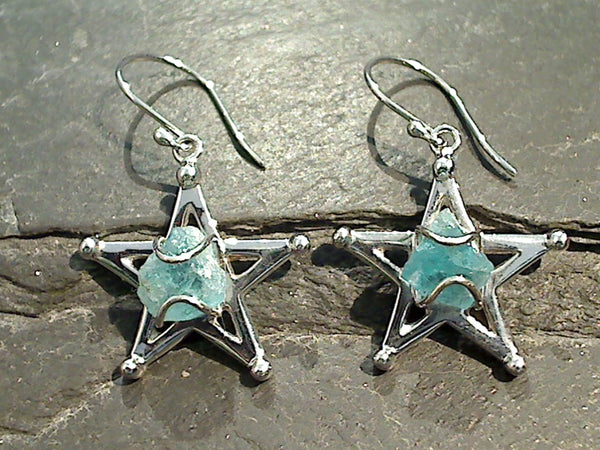 Rough Apatite, Rhodium Plated Sterling Silver Star Earrings