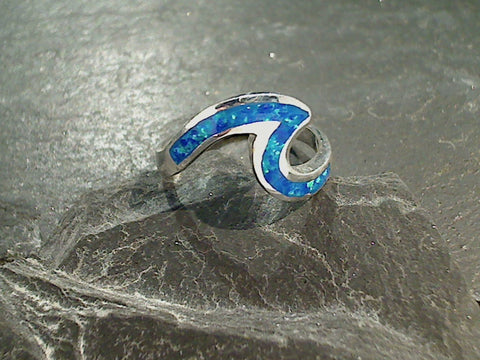 Size 6 Lab Created Opal, Sterling Silver Wave Ring