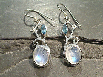 Moonstone, Blue Topaz, Sterling Silver Earrings