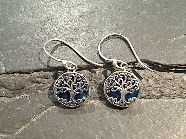 Blue Abalone, Sterling Silver Tree of Life Earrings