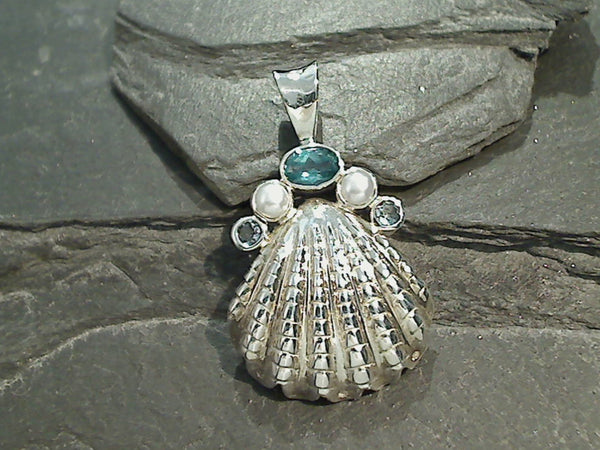 Blue Topaz, Pearl, Sterling Silver Pendant