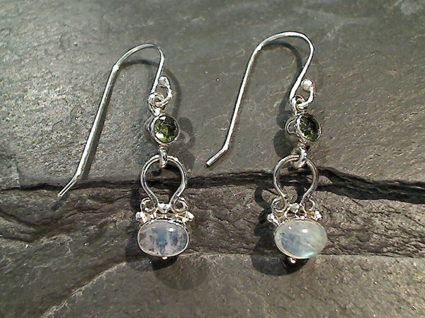 Moonstone, Peridot, Sterling Silver Earrings