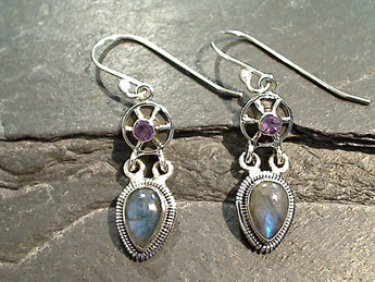 Labradorite, Amethyst, Sterling Silver Earrings