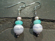 Blue Lace Agate, Amazonite, Pearl, Sterling Silver Earrings