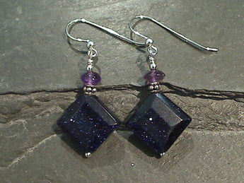 Amethyst, Blue Goldstone, Sterling Silver Earrings