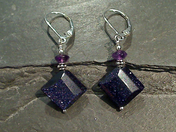 Amethyst, Blue Goldstone, Sterling Silver Earrings