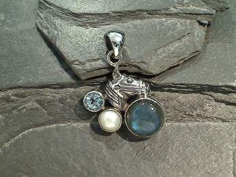 Labradorite, Blue Topaz, Pearl, Sterling Silver Horse Pendant