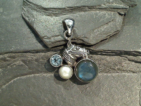 Labradorite, Blue Topaz, Pearl, Sterling Silver Horse Pendant