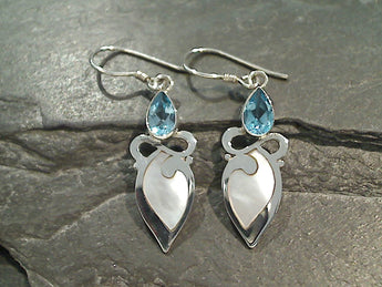Blue Topaz, Mother Of Pearl, Sterling Silver Earrings