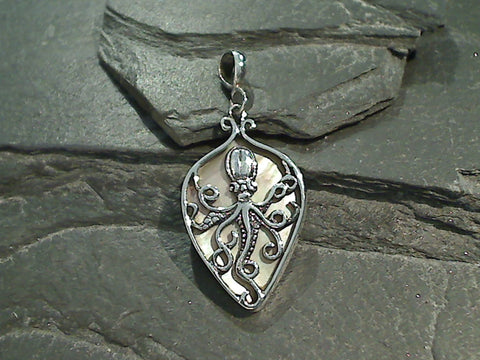 Tan Mother of Pearl, Sterling Silver Octopus Pendant