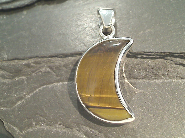 Tiger's Eye, Fine Sterling Silver Crescent Moon Pendant